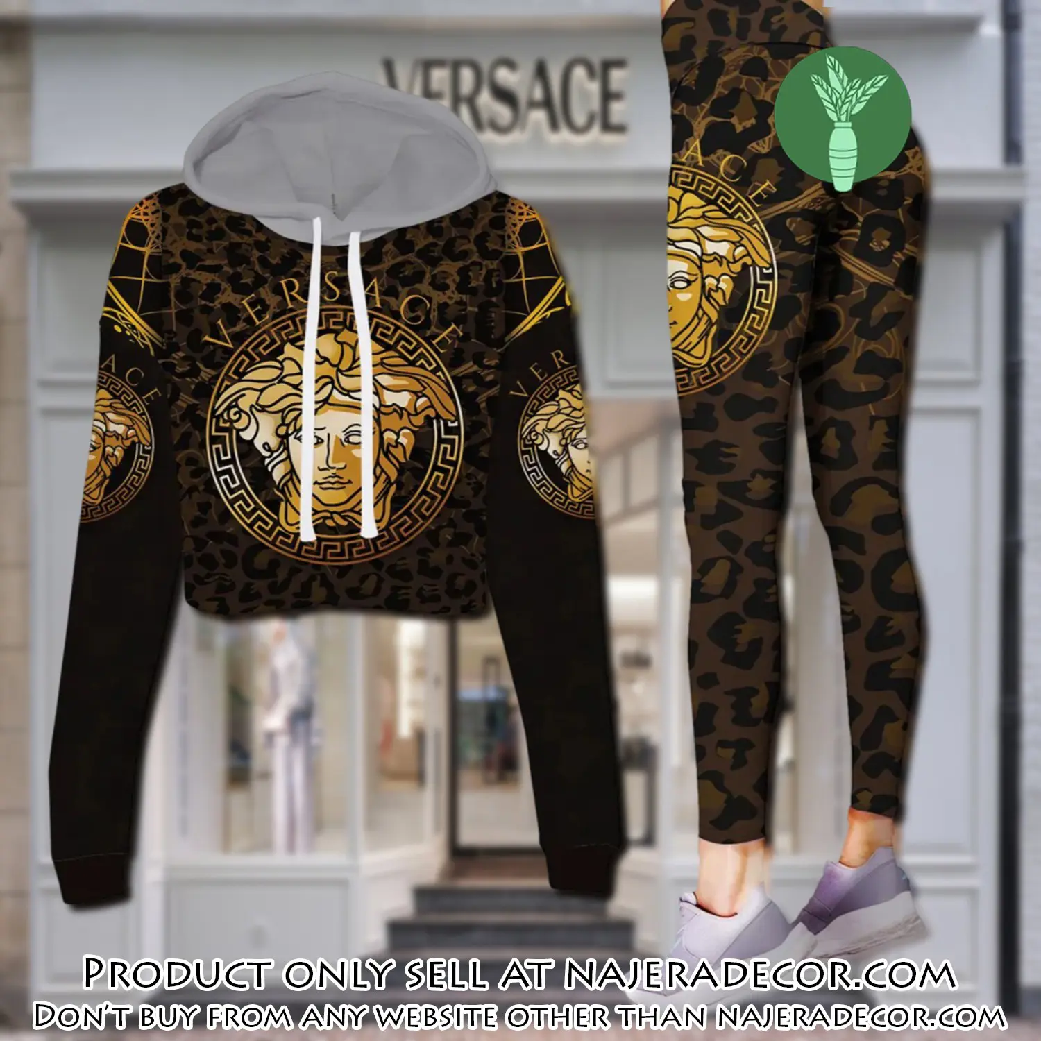 Versace medusa brown leopard pattern luxury brand clothes leggings and crop top set for women njr2643889